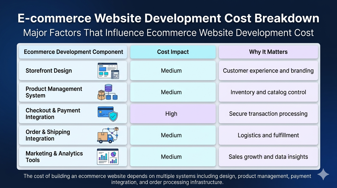 Create a high-quality professional infographic table that visually explains the cost breakdown of ecommerce website development. Image Type Business cost breakdown infographic / comparison table suitable for a technology consulting blog or ecommerce strategy article. Recommended Size Horizontal infographic layout 1600 × 1000 px or 1920 × 1080 px Image Title E-commerce Website Development Cost Breakdown Heading on the Graphic Major Factors That Influence Ecommerce Website Development Cost Infographic Concept Design a clean infographic table showing the main development components of an ecommerce website and how each one affects overall project cost. The table should clearly help readers understand why ecommerce development costs vary between projects. Table Structure Create a three-column table layout with the following headers: Ecommerce Development Component Cost Impact Why It Matters Use modern icons next to each component to improve visual clarity. Table Content Row 1 Component: Storefront Design Cost Impact: Medium Why It Matters: Customer experience and branding Visual icon suggestion: website UI layout or design interface Row 2 Component: Product Management System Cost Impact: Medium Why It Matters: Inventory and catalog control Visual icon suggestion: product boxes or database structure Row 3 Component: Checkout & Payment Integration Cost Impact: High Why It Matters: Secure transaction processing Visual icon suggestion: credit card, payment gateway, security shield Row 4 Component: Order & Shipping Integration Cost Impact: Medium Why It Matters: Logistics and fulfillment Visual icon suggestion: delivery truck, package box, logistics network Row 5 Component: Marketing & Analytics Tools Cost Impact: Medium Why It Matters: Sales growth and data insights Visual icon suggestion: analytics charts or marketing dashboard Visual Style Use a modern SaaS / technology infographic design. Design characteristics: • clean structured table layout • simple vector icons for each row • subtle shadows and card-style blocks • balanced spacing between rows The infographic should feel similar to startup consulting reports or technology blog visuals. Color Theme Use a professional tech palette, such as: • dark blue or gradient background • white or light-colored table blocks • blue or cyan highlights • subtle purple accents Ensure high contrast for readability. Caption (Below the Image) The cost of building an ecommerce website depends on multiple systems including design, product management, payment integration, and order processing infrastructure. Quality Requirements The final image should look like a professional consulting-style infographic used in ecommerce strategy blogs. Avoid: • cartoon-style illustrations • cluttered layouts • overly colorful or playful designs The visual should clearly communicate how different components influence ecommerce website development cost.
